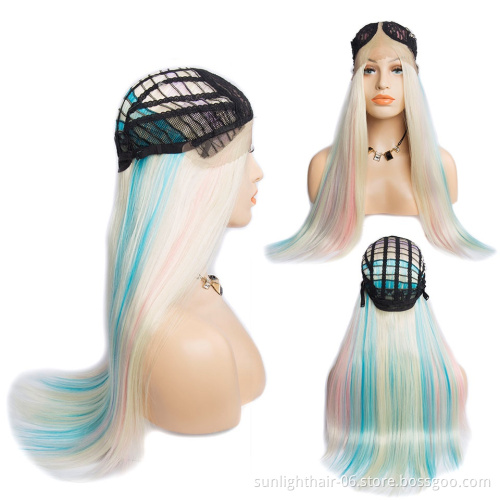 Cheap synthetic lace front Wigs Rainbow colored hair for party Heat Resistant Synthetic Fiber hair with lace front Wig cosplay